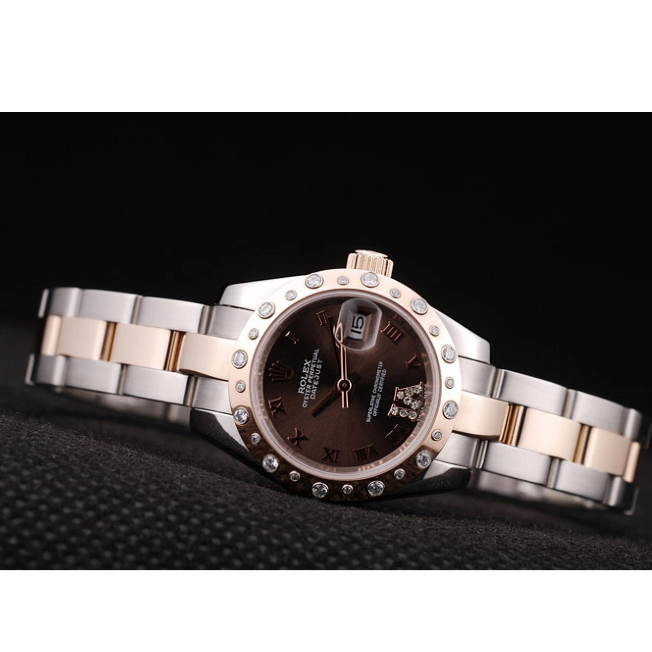 AAA replica watch Dial Plated DateJust Diamond Stainless Steel Brushed Brown Case Rolex 0709
